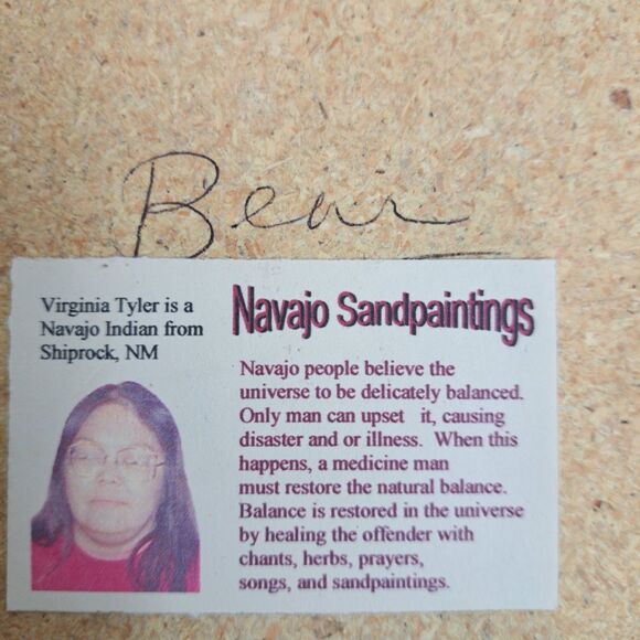 AUTHENTIC NAVAJO SANDPAINTING By Virginia Tyler (Bear & Kokopelli) Frame 7” X 7” - Picture 3 of 5